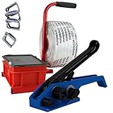 16mm TEXTIL UMREIFUNGSSET Set mit 1 Rolle Textilband 850m kreuzgewebt + 500 Klammern + 1 Spanngerät + 1 Abroller ideal zum Holzbündeln