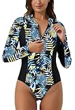 Ecupper Damen Badeanzüge Einteilige Rash Guard Langarm Reißverschluss Surfen Bademode Swimsuit mit BH Grün 42