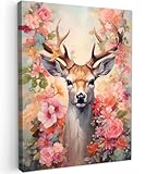 MuchoWow© Leinwand 50x70 cm Deko Schlafzimmer Aesthetic Leinwandbilder Wohnzimmer Gemälde Foto Geschenk Living Room Decoration Hirschkopf Wanddeko Hirsch Bild - Reh - Blumen - Rosa