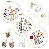 O'woda Anfänger Stickerei Set, Runde Einstellbare Stickerei Tool Kit,Starter Kit mit 1 Stickrahmen, Stickgarn,3 Vorlage 9 Nadel , für DIY Kunst, Handwerk, Nähen