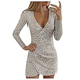 Graceyo Pailletten Kleider Knielang, Damen Kurz Glitzerkleid Langarm V-Ausschnitt Glänzende Kleider Sexy Partykleid Cocktailkleid Bodycon Enges Party Minikleid Wickelkleid Festkleid, Silber, S