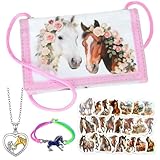 Sektasu Pferde Mädchen Geschenk - Geldbeutel Kinder, Pferde Sticker, Armbänder, Kette - Weihnachten Geburtstag, Geschenke für Mädchen, Pferde Geschenkset