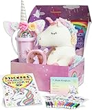 Einhorn Geschenke für Mädchen 4 5 6 7 8 Jahren, Kuscheltier & Einhorn Nachtlicht & Wasserbecher & Halskette & Haarreif & Malbuch, Spielzeug für Kinder 5-8 Jahren