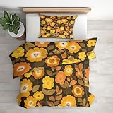 Bettwäsche 140x200 Retro Groovy Bluming - Schlafzimmer Deko Bettbezug 140 x 200 2tlg 60er 70er Jahre Hippie Boho Blumen Muster, 1 Kissenbezug 70x90, mit Reißverschluss, Weich Mikrofaser AC#55
