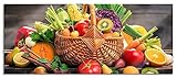 Pixxprint Glasbild Panorama, Wandbild aus Echtglas, Frisches Obst und Gemüse im Korb, 100x40 cm, inkl. Aufhängung und Abstandshalter