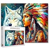 Afroamerikanische Frau und Wolf Jigsaw Puzzles 1000 Teile für Erwachsene, Bunter Traumfänger Kopfschmuck 20''x27''Inch Schönes Native American Portrait Puzzle Kunst Buntes Native American Kunstwerk