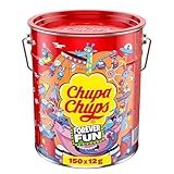Chupa Chups Best of Lollipop-Eimer, enthält 150 Lutscher in 5 Geschmacksrichtungen in der Pop-Art Metall-Dose, geeignet für Geburtstag & Halloween, 150 x 12g