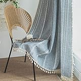 Sutuo Home Blaue Boho-Vorhänge für Schlafzimmer, Wohnzimmer, halbverdunkelnd, französisches Landhausstil, gestreift, Leinen, Vintage, Shabby-Chic-Quasten, hohl, Fensterbehandlung, böhmischer Vorhang