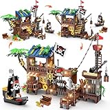 CUBIMANA Piraten Wharf Bauspielzeug mit Licht Piratenschiff - 3 Modi Piratenhafen Baustein 781 Stück Mittelalterliches Piratenhaus Klemmbausteine Bausteinset, Geschenk Set für Kinder Jungen 6+
