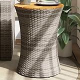 QJBSAVVA Gartentisch Grau Beistelltisch Outdoor PE Rattan & Akazienholz 38 x 56 cm Stabiler Trommeltisch für Garten Terrasse Balkon