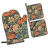 Ofenhandschuhe und Topflappen im 4er-Set, widerstandsfähige Hot Pads mit rutschfesten Polyester-Grillhandschuhen im Jugendstil für Küche, Kochen, Backen, Grillen