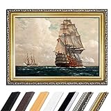 Bild mit Rahmen - Michael Zeno Diemer Schiff auf dem Meer 80x60 cm - Gerahmtes Leinwandbild Alte Meister - Antiker Rahmen Gold Barock, Klassisch