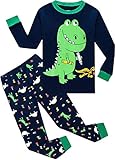 EULLA Kinder Schlafanzug Jungen Langarm Baumwolle Winter Pyjama Set Dinosaurier Zweiteiliger Nachtwäsche GR 92 D-dunkelblau Dinosaurier DE 92