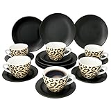 MamboCat 18-teiliges Kaffee-Service Leopard Lampart I modernes Steingut-Geschirr-Set für 6 Personen - mit Leoparden-Muster I Tassen Unterteller Kuchenteller I Kaffeeservice 6 Personen Schwarz matt