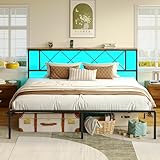 IRONCK Bett 180x200 mit LED Beleuchtung, Bettgestell 180x200 mit Steckdose, 1 USB, 1 Typ-C-Anschlüsse, Metallbett mit Kopfteil und Stauraum, Jugendbett, Doppelbett mit Metal Lattenrost