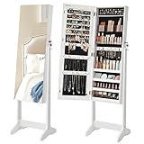 SONGMICS Schmuckschrank, Spiegelschrank stehend, mit 2 separaten Make-up Organizern, rahmenloser Ganzkörperspiegel, abschließbar, für Ketten, Ohrringe, Schminke, weiß JJC002W01