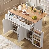 Huayz kücheninsel freistehend mit Klappbarer arbeitsplatte küchenschrank küchenwagen auf 5 Rollen, mit Ablage und 2 Schubladen,Für Esszimmer 129×71×91.5cm (Weiß)