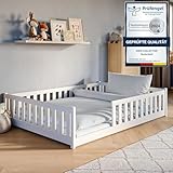 Kinderbett Bodenbett 140x200 cm Bett mit Rausfallschutz & Lattenrost Montessori Bett Bed Gitterbett Kinder Jugendbett Einzelbett | weiß Kiefer Holz massiv Junge Mädchen