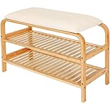 AD.CON Bambus Schuhregal Schuhregal aus Bambus mit Sitzbank Schuhbank mit Sitzkissen und Schublade Sitzbank 70×30×46 cm Beige