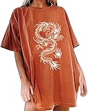 Tomwell Damen Oversized T-Shirt Vintage Druck T-Shirt Teenager Mädchen Kurzarm Rundhals Oberteile Tunika Tee Shirt Tops G Orange M