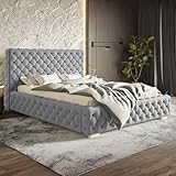 MOTIVENA Dianna Chesterfield Bett 180x200, Polsterbett 180x200, mit Bettkasten, mit Stauraum, mit Lattenrost, mit Kopfteil, ohne Matratze, Bett Samt, Grau Hellgrau