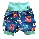 Kurze Pumphose/Sommerhose"HungryMonsters" Monster Tiere Ungeheuer/türkis blau rot/Jungen Jersey 56 62 68 74 80 86 92 98 104 110 116 122 128 134 140 Babyhose Kindehose Haremshose Handmade Juna