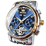 OLEVS Selbstaufziehende Uhren für Herren, automatisch, mechanisch, Tourbillon, Edelstahl, wasserdicht, leuchtend, luxuriös, elegante Armbanduhren, G6607: goldenes, silberfarbenes Armband und blaues