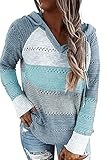 GOLDPKF Kapuzenpullover für Damen Vintage Pullover Damen Farbblock Kapuzenpullover Gestreift Hoodie Entspannt Sweatshirt mit Kapuze Lässiger Hohlpullover Blau L 44-46