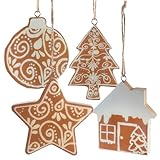 Holzanhänger Lebkuchen Deko 4er Set – Weihnachtsanhänger 9 cm – Stern Kugel Baum Haus – braun weiß – Logbuch-Verlag