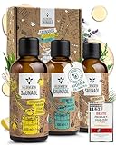 Heldengrün® BIO Saunaaufguss Set [100 % NATURREIN] 3er Duftmix mit ätherischen Bio-Ölen – Für jede Stimmung & 60 Anwendungen – Sauna Konzentrat: wohltuend & intensiv – Geschenk für Sauna-Liebhaber