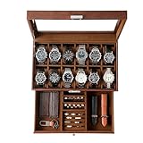KILHS Uhrenbox für 12 Uhren,2-stöckige Watch Box mit Glasdeckel & Schublade,Uhrenbox Herren mit Schlüsselschloss – Perfektes Männergeschenk für Ringe,Manschettenknöpfe & Uhren,Braun
