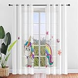 Hiseng Voile Vorhänge mit Ösen Durchsichtig Halbtransparent Ösenvorhang für Fenster Wohnzimmer Schlafzimmer Einhorn Druck Moderne Elegante Transparent Gardine 2er Set (80x115cm,Rosa Schmetterling)