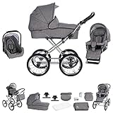 Friedrich Hugo München | 3 in 1 Kombi Kinderwagen Komplettset | Nostalgie Kinderwagen | Farbe: Anthrazit - Rad: Chrom Schwarz