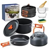 Camping Kochgeschirr Set, Outdoor Geschirr Set Kochtopf Set 10 Teilig, Outdoor Kochgeschirr Set für 2-4 Personen, Camping Bratpfanne und Teekannen für Outdoor Wandern Picknick BBQ