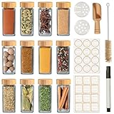Praknu Gewürzgläser Eckig Set mit Bambusdeckel 12 x 120ml - Mit Etiketten und Streueinsatz - Luftdicht - Einfache Reinigung - Platzsparende Gewürzbehälter Glas