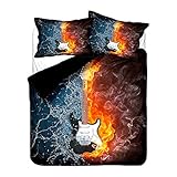 Hiser Bettwäsche-Set 3 Teilig - 3D Musik Gitarre Hinweis Bedrucktes Bettwäsche Set - Mikrofaser Bettbezug und Kissenbezug - Erwachsene Kinder Bettwäsche-Set (Wasser Feuer Gitarre,135x200cm)