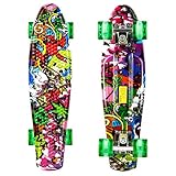Hiriyt Mini Cruiser Skateboard Retro Komplettboard - 22" 55cm Vintage Skateboard Für Anfänger Jugendliche Und Erwachsene - 4 Ledteile Erleuchten Das Glatte Pu Rad