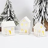 3 Stück Weihnachtsdorf Beleuchtet Weiß, Mini Lichthaus Gästehaus, Weihnachtslaterne LED, Deko Holzhaus Skandinavisch, Weihnachtsdeko Innen Winter Deko Klein Holz Teelichter Weihnachten Beleuchtung Set