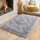 BSGIFT Teppich Hochflor Flauschig 60x110 Läufer Grau, Shaggy Langflor Teppich Wohnzimmer rutschfest für Schlafzimmer Kinderzimmer, Modern Wohnzimmerteppich Bettvorleger High-Pile Carpet