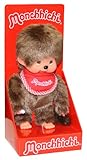 Sekiguchi 255010 - Original Monchhichi Junge, Plüschfigur mit rotem Latz und Zöpfen mit Schleifen, ca. 20 cm großes Kuscheltier aus braunem Plüsch
