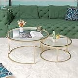 HJhomeheart 2er Set runde Couchtische Couchtische Groß: 80 x 80 x 45 cm Klein: 60 x 60 x 35 cm, Couchtisch Rund(Gold und Glas)