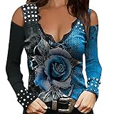 Trendige Oberteile für Damen Sexy Off-Shoulder-Hot Drilling Sling Bluse Low-Cut-Spitzen-Patchwork-Hemd mit V-Ausschnitt Halloween-Tunika mit Totenkopf-Rosen-Print Aushöhlen Langarm Slim Pullover