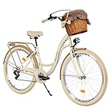 Komfort Fahrrad Citybike Mit Weidenkorb Damenfahrrad Hollandrad, Retro, Vintage, 26 Zoll, Creme-Braun, 7-Gang Shimano