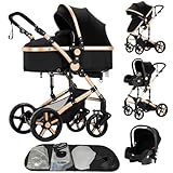 Reenborn Kinderwagen 3 in 1, Buggy mit Zwei Umkehrbaren Schiebemodi, Kinderwagen mit Rahmen Aluminiumlegierung, Babywagen 3 in 1 Komplettset mit Ein-Klick-Faltdesign Hohe Landschaft (588 Black Gold)