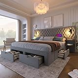 Polsterbett Doppelbett Bettanlage 180x200 cm, Schlafzimmer Komplett Set mit 2x Nachtkommoden und 4 Schubladen, LED Kopfteil Stauraumbett mit Leselicht & USB Ladefunktion, Samt, Ohne Matratze, Grau