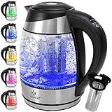 KESSER® Wasserkocher 1,8L Edelstahl mit LED Beleuchtung-Farbe je nach Temperaturwahl 60, 70, 80, 90, 100 °C | Glaswasserkocher ink. Teesieb-Einsatz und Kalk-Filter | Warmhaltefunktion
