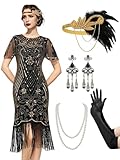 SWEETV 20er Jahre Kostüm Damen, Gatsby Kleid Damen mit 20er Jahre Kleid Accessoires,Charleston Flapper outfit,schwarzes gold,X-groß