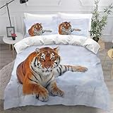 MEVASA Tiger Bettwäsche 220x240 3D Motiv Flauschige Bettbezug Tiere Schnee Qualität Luxus Atmungsaktiv Allergiker Mikrofaser Betten Set 3 Teilig mit Reißverschluss