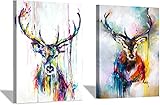 Hirsch Bild Auf Leinwand 2 Stück Bunte Hirsch Bilder mit Rahmen Leinwandbilder Wanddeko Wand Wohnzimmer XXL Deko Kunstdruck Wanddekoration (2 Stück, 20x30cm)