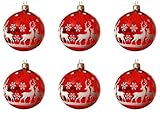 Decoris Weihnachtskugeln Glas 8cm x 6 Stück mit Motiv Rentiere mundgeblasen handbemalt transparent rot weiß
